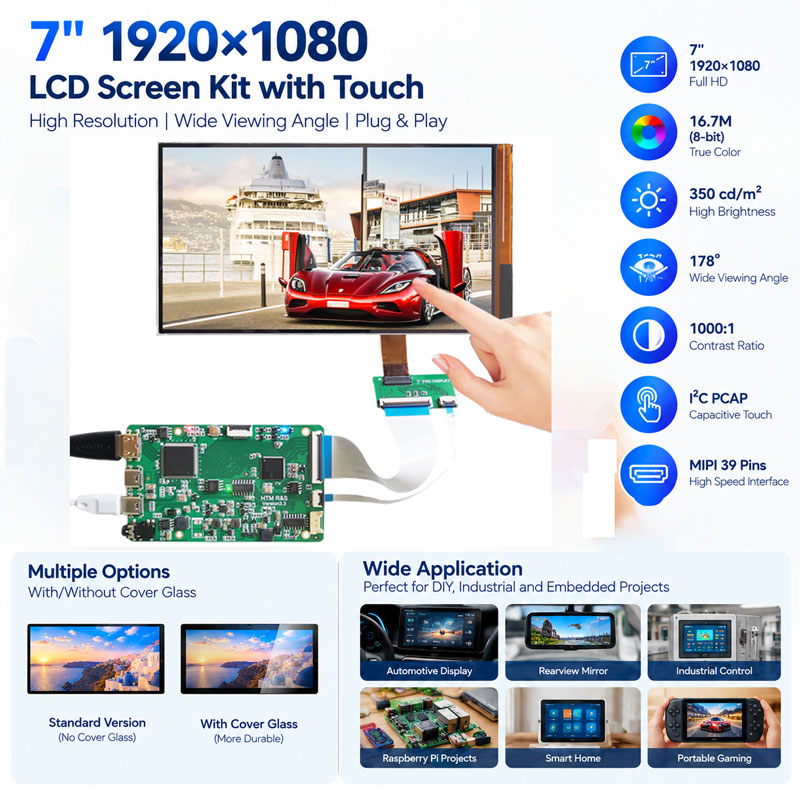 Pi Display - 7 inch 1920x1080 FHD touchscreen-displayset, IPS